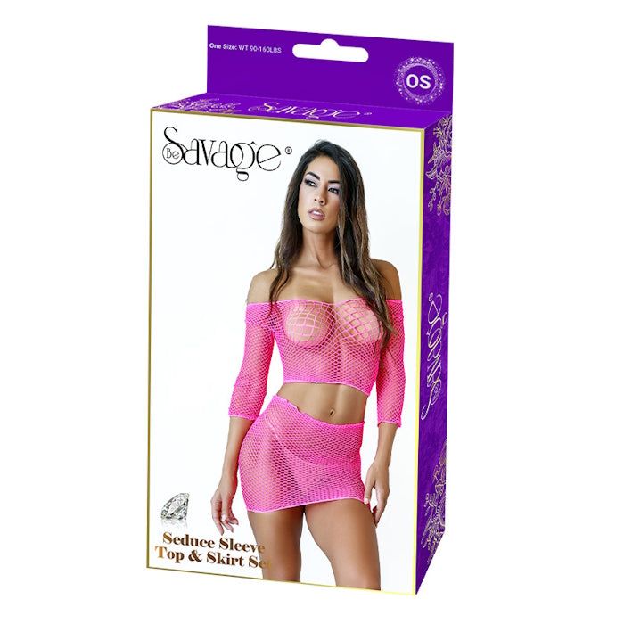 SEDUCE LONG SLEEVE TOP & SKIRT SET - NEON PINK