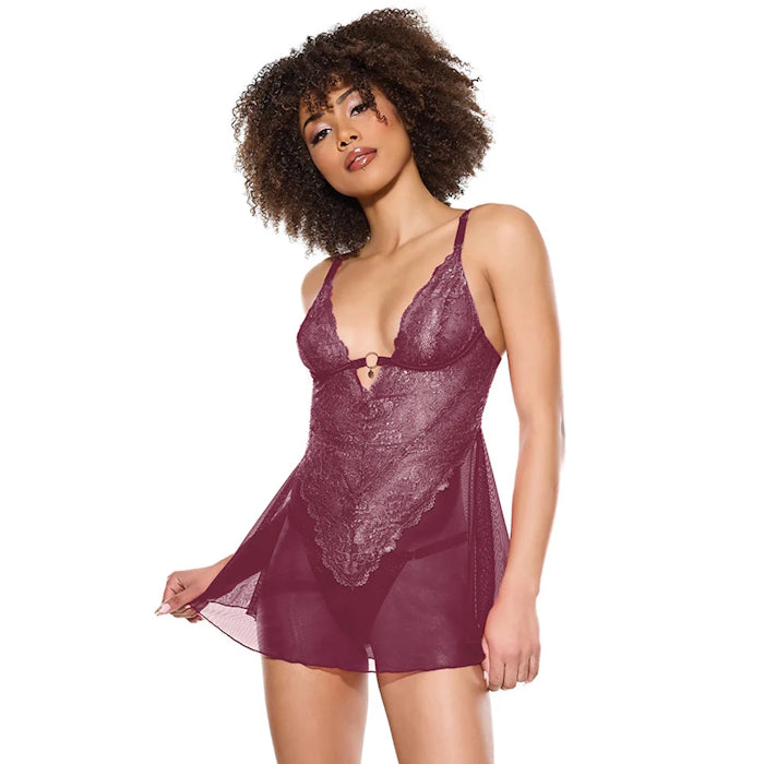 PINK PUSSYCAT BABYDOLL & THONG - MEDIUM - BURGUNDY