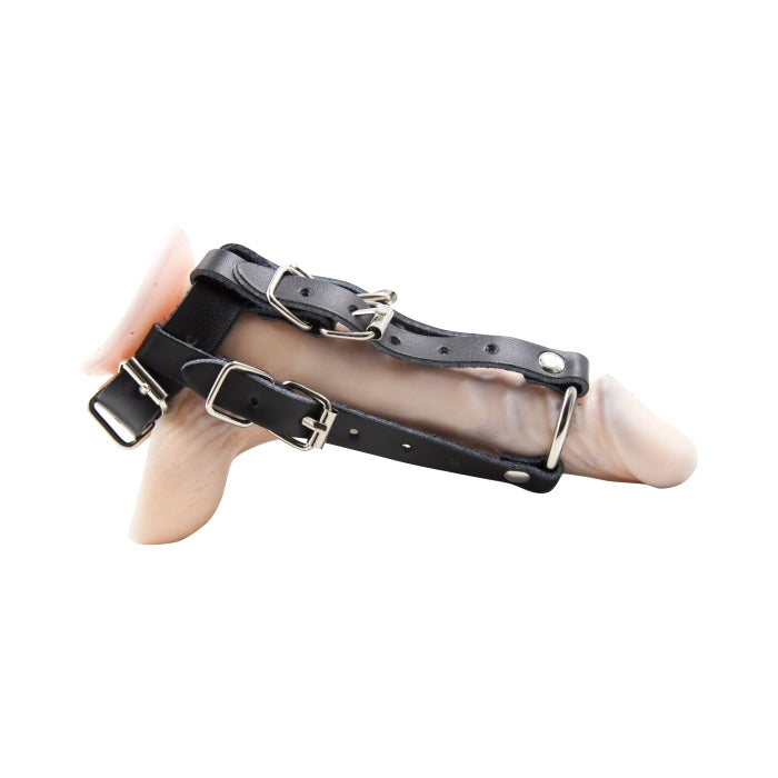 COCKRING W/RING & BUCKLE STRIPS LEATHER - BLACK