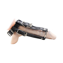 COCKRING W/RING & BUCKLE STRIPS LEATHER - BLACK