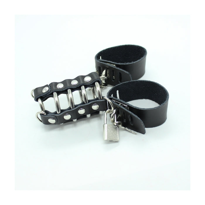 COCKRING W/5 RINGS & 2 WIDE STRIPS & LOCK METAL/LEATHER - BLACK