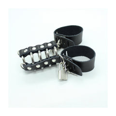COCKRING W/5 RINGS & 2 WIDE STRIPS & LOCK METAL/LEATHER - BLACK