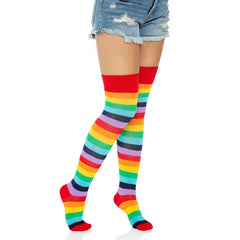 CHERRY RAINBOW STRIPED THIGH HIGH STOCKINGS - O/S - CHERRY RAINBOW
