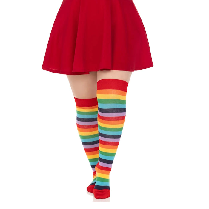 STRIPED THIGH HIGH STOCKINGS - QUEEN SIZE - CHERRY RAINBOW