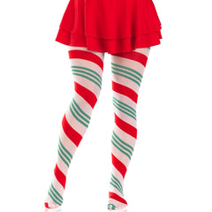 HOLIDAY RIBBION STRIPED TIGHTS - O/S - GREEN / RED