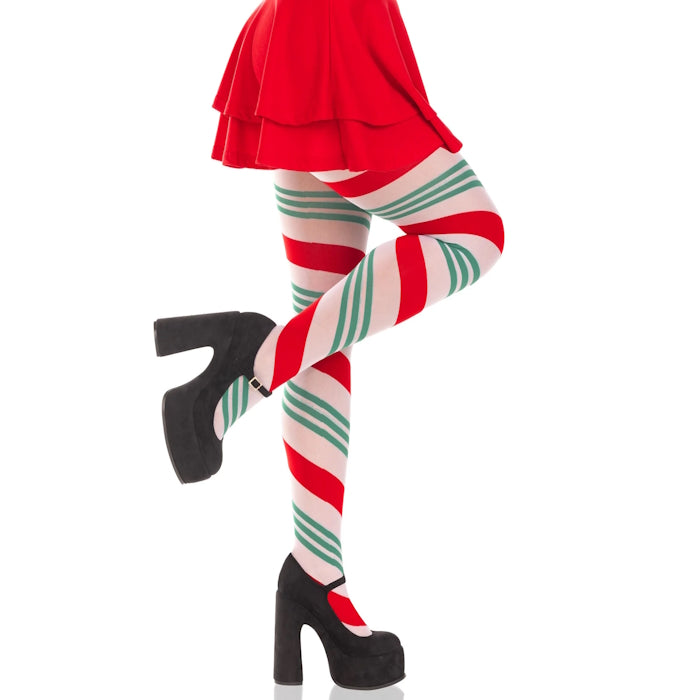 HOLIDAY RIBBION STRIPED TIGHTS - O/S - GREEN / RED