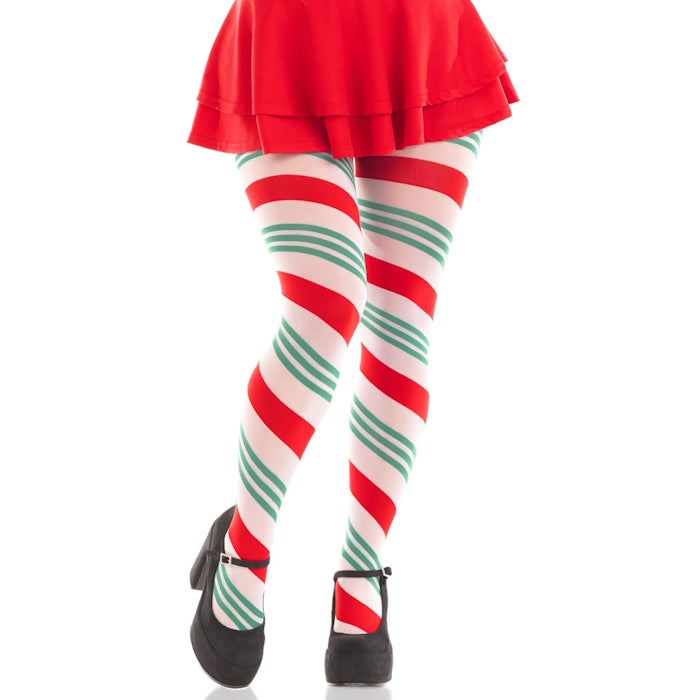 HOLIDAY RIBBION STRIPED TIGHTS - O/S - GREEN / RED