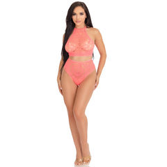 LACE HALTER CROP TOP W/ STRAPPY BACK DETAIL - S/M - CORAL