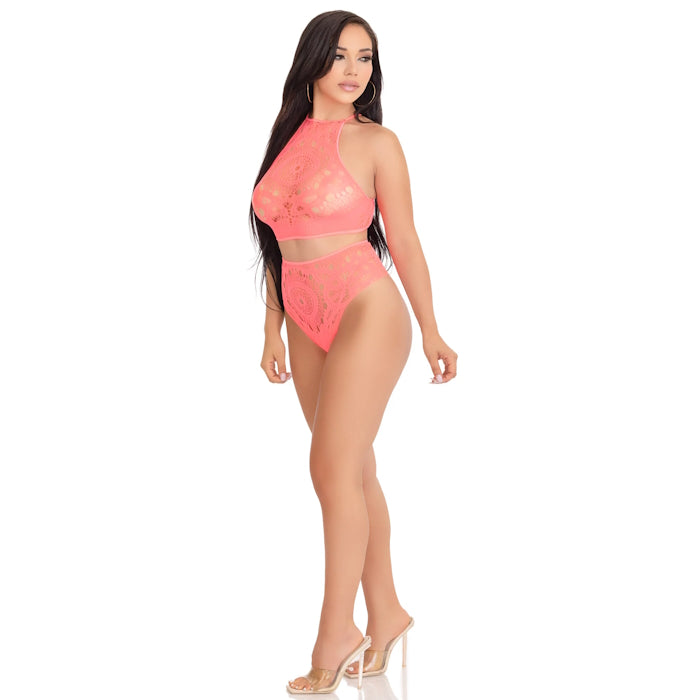 LACE HALTER CROP TOP W/ STRAPPY BACK DETAIL - S/M - CORAL