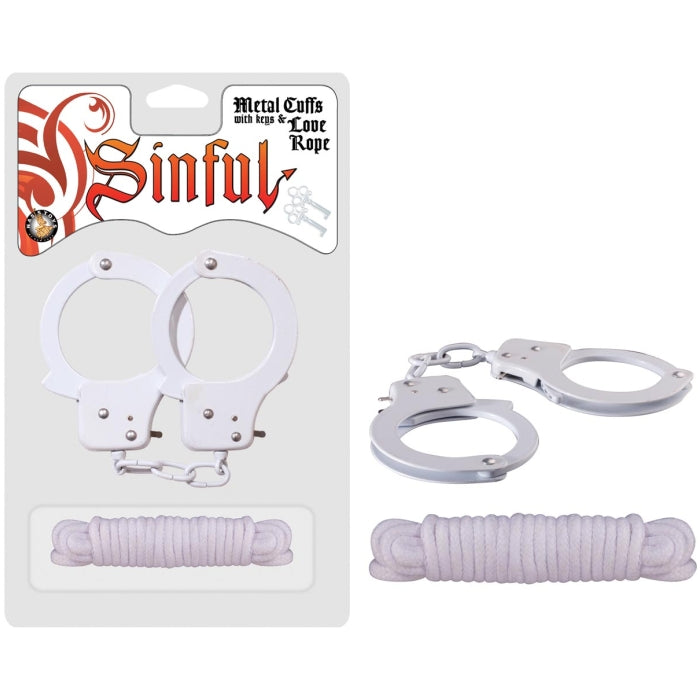 SINFUL METAL CUFFS WITH KEYS &AMP; LOVE ROPE - WHITE