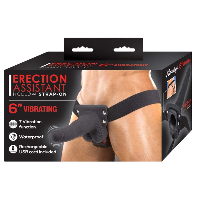 ERECTION ASSISTANT HOLLOW STRAP-ON 6" VIBRATING-BLACK