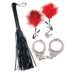 BONDAGE BY NASSTOYS WHIP, FEATHER & CUFFS-RED