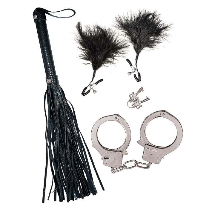 BONDAGE BY NASSTOYS WHIP, FEATHER & CUFFS-BLACK