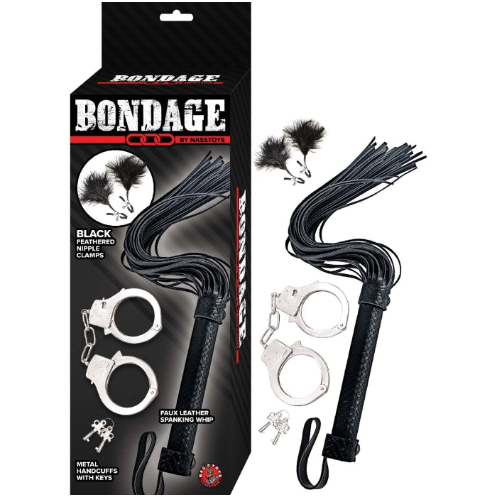 BONDAGE BY NASSTOYS WHIP, FEATHER & CUFFS-BLACK