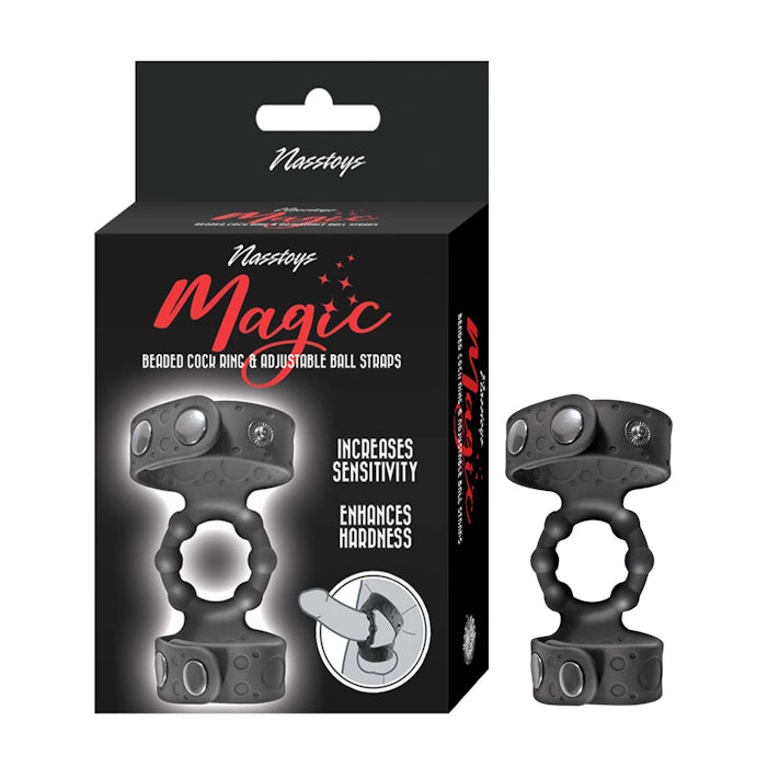 MAGIC BEADED COCK RING & ADJUSTABLE BALL STRAPS - BLACK