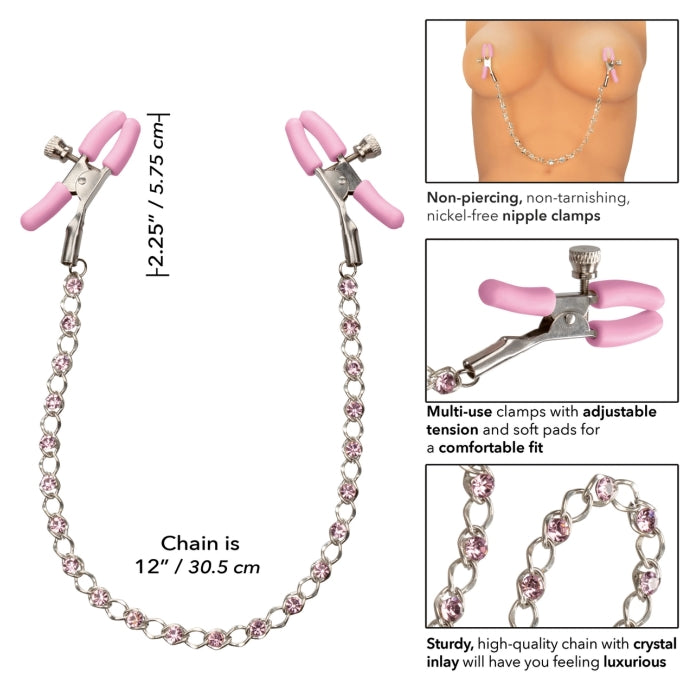 NIPPLE PLAY CRYSTAL CHAIN NIPPLE CLAMPS - PINK 12"