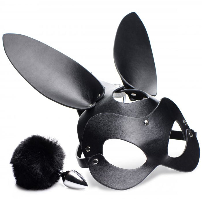 BUNNY TAIL ANAL PLUG AND MASK SET - BLACK