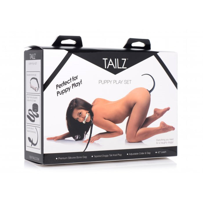PUPPY PLAY SET BONE GAG, TAIL ANAL PLUG & COLLAR - BLACK