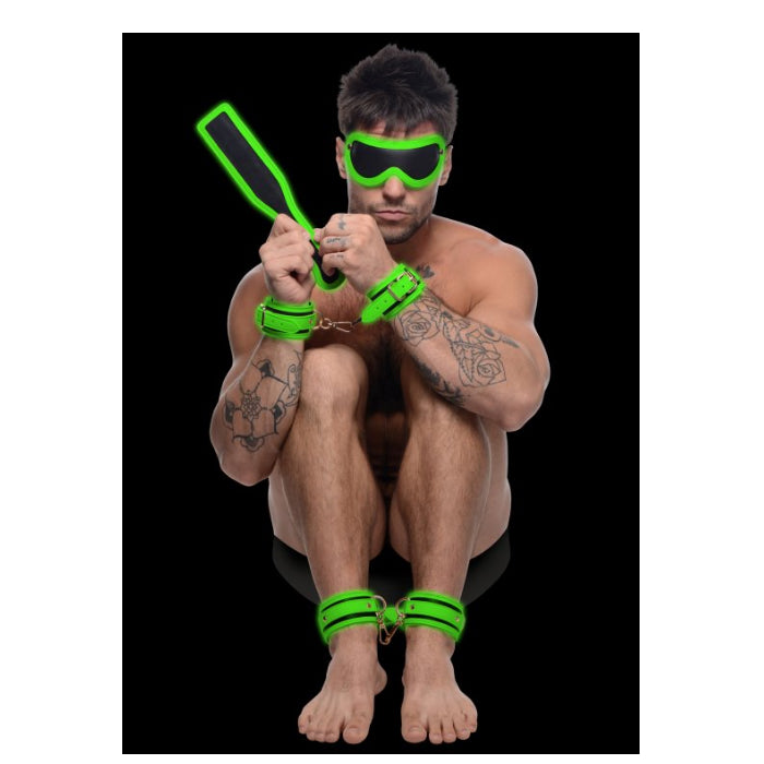 MS KINK IN THE DARK GLOWING CUFFS, BLINDFOLD, PADDLE B