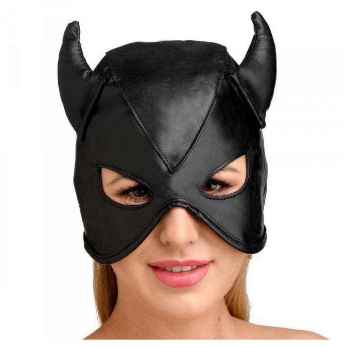 DUNGEON DEMON BONDAGE HOOD WITH HORNS - BLACK