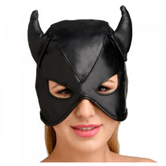 DUNGEON DEMON BONDAGE HOOD WITH HORNS - BLACK